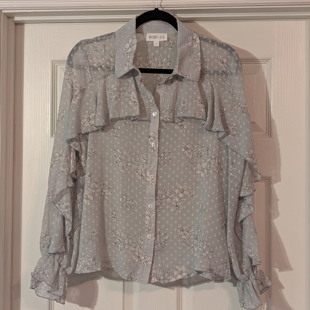 Silver Gray Ruffled Flutter Sleeve Blouse
